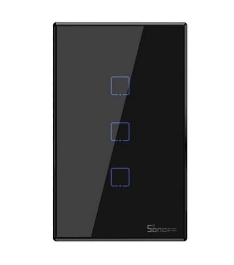 [T3US3C] Interruptor de pared inteligente triple T3US3C , botón touch, 100-240VAC, Wi-Fi y RF433MHz, negro, marca Sonoff